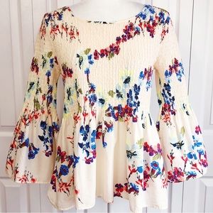 Jane & Delancey Peach Cream Floral Print Smocked Babydoll Top Medium